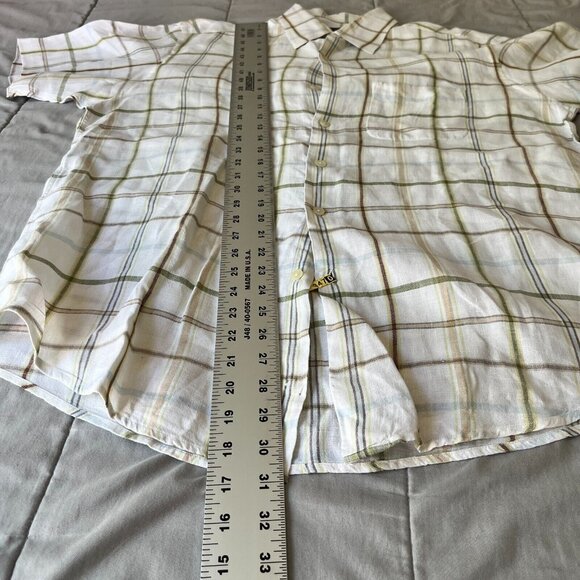 Tasso Elba Mens Medium Ivory Checked Linen Casual Button Up Shirt Short Sleeve - Picture 6 of 7